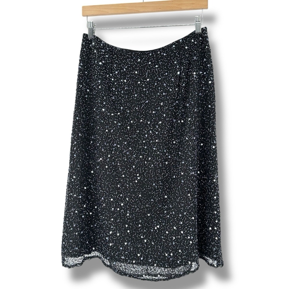 Black Silk Beaded Sequin Embellishment Skirt PXL Art Deco Y2K Glam Evening Party